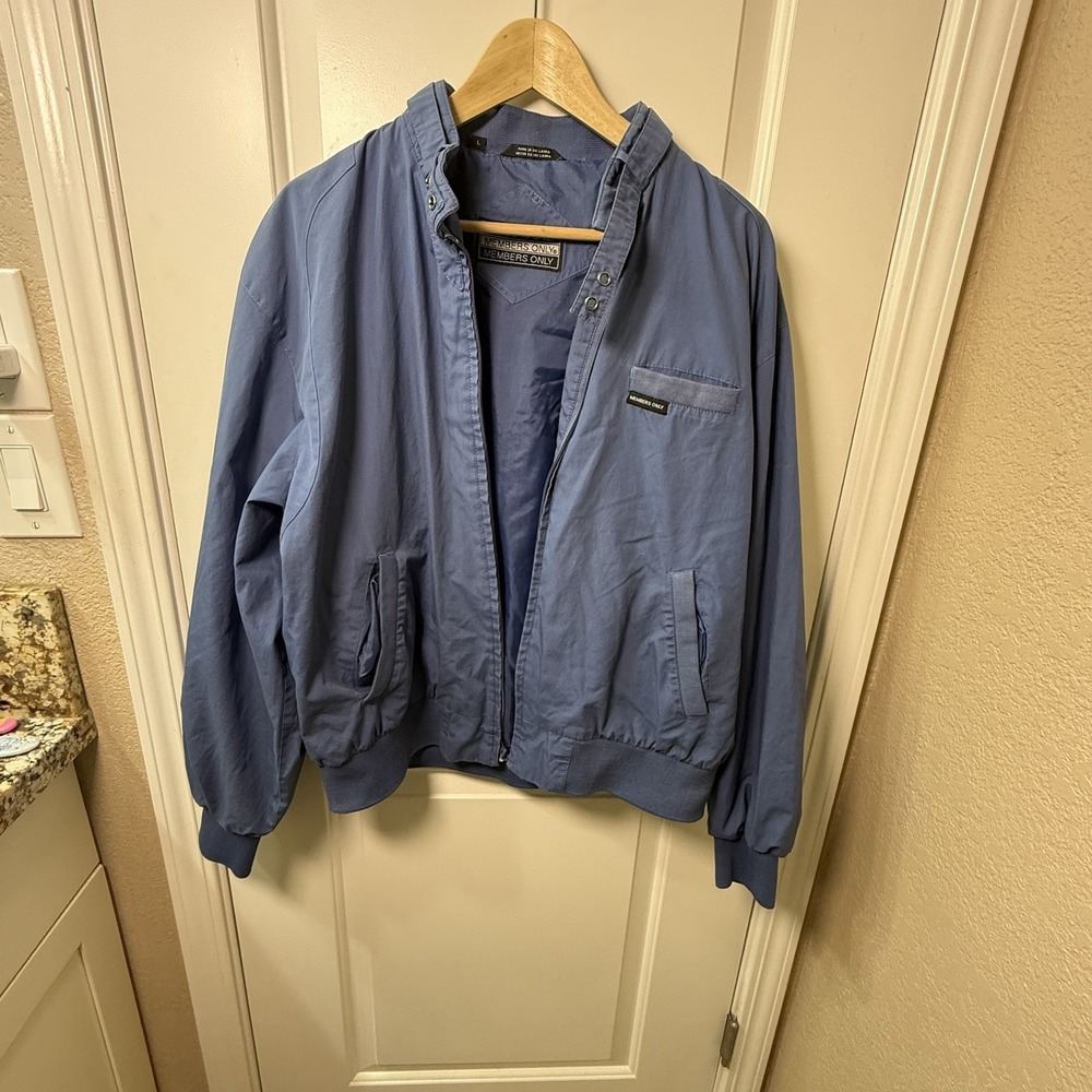 Y2K Members Only Mens L Blue Bomber Jacket Racer Full Zip Vintage Style